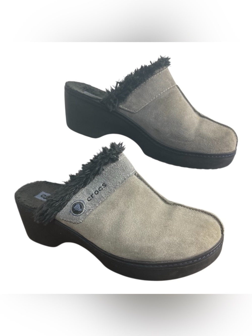 Crocs Womens Slip On Blue Gray Suede Clog Shoes Size W9 Faux Fur
